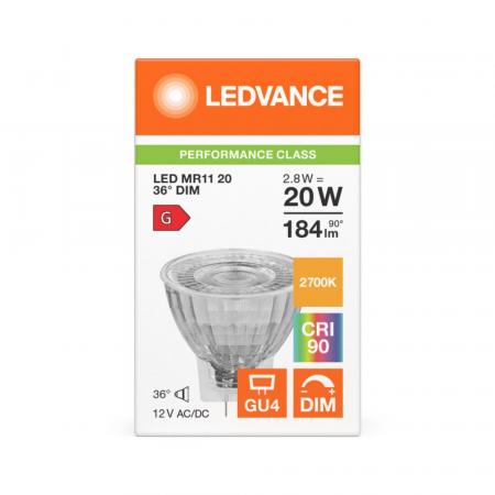 Ledvance GU4 MR11 36° 2.8W wie 20W warmweißer LED-Reflektor dimmbar 12V - hohe Farbwiedergabe 90Ra